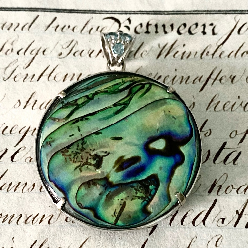 Beautiful Reversible Sterling Silver Pendant Abalone & Black Stone NF Thailand